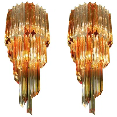 Pre-owned Venini Pair Of Chandeliers Triedri  Style, Murano, 1980s In Brown