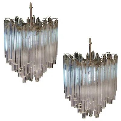 Pre-owned Venini Pair Of Chandeliers  Style 92 Trasparent Prism Triedri, Murano, 1990 In Transparent