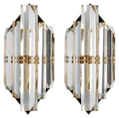 Pre-owned Venini Pair Of Clear Glass Brass Wall Sconces By , Italy