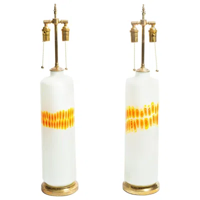 Pre-owned Venini Pair Of Cylindrical White Glass Lamps With Orange And Yellow Design By
