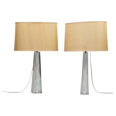 Pre-owned Venini Pair Of Fulvio Bianconi "con Fiamma" Murano Glass Obelisk Table Lamps For  In Beige