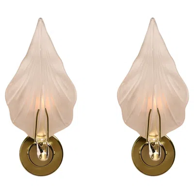 Pre-owned Venini Pair Of Hand Cast Murano Glass 'leaf' Sconces With Frosted Finish Brass Plating In Sand