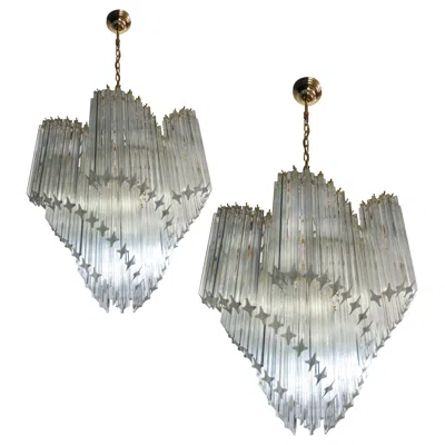 Pre-owned Venini Pair Of Italian Chandelier Quadriedri Gold Metal Frame, Murano In Gray