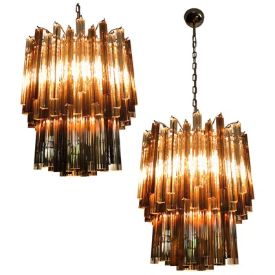 Pre-owned Venini Pair Of Italian Chandeliers Transparent And Smoked Triedri, Murano In Brown