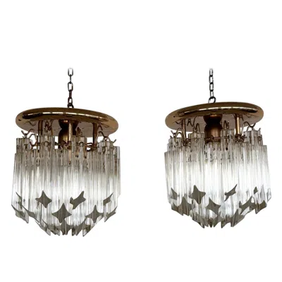 Pre-owned Venini Pair Of Italian Midcentury Murano Glass Trilobi Flush Mount Chandelier, 1970s In Transparent