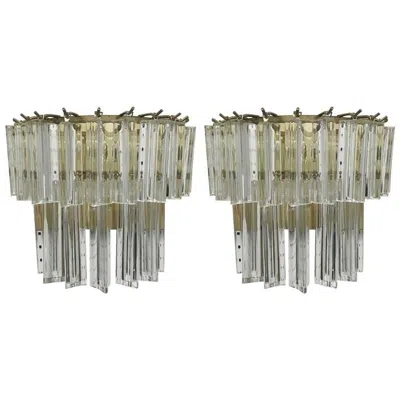 Pre-owned Venini Pair Of Italian Mid-century Two-tier  Murano Glass Sconces In Transparent
