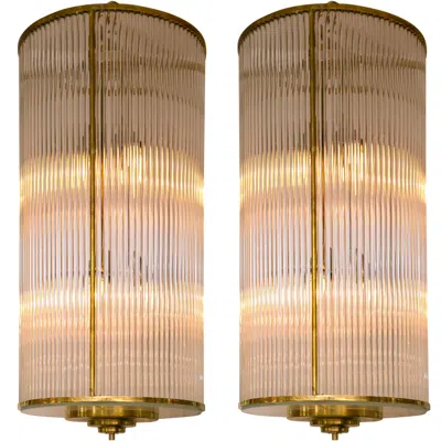 Pre-owned Venini Pair Of Large And Sleek Italian Glass And Brass Lanterns In Sand