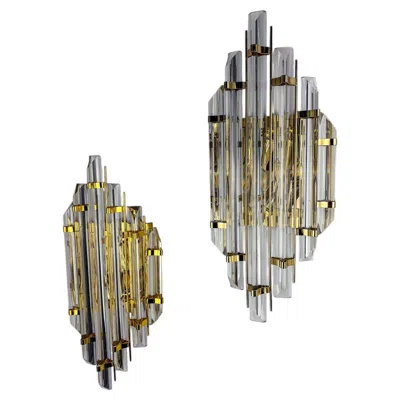 Pre-owned Venini Pair Of Large  Sconces, Triedi Murano Cut Glass, Italy, Circa 1970's In Brown