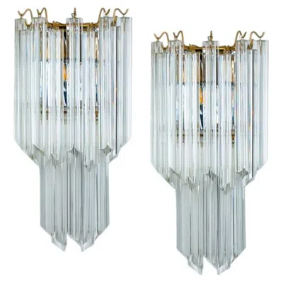 Pre-owned Venini Pair Of Large  Style Clear Gold Glass Sconces, 1970