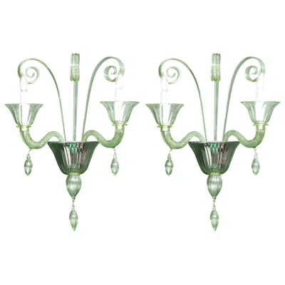 Pre-owned Venini Pair Of Light Green Murano Glass And Chrome Sconces, Italy