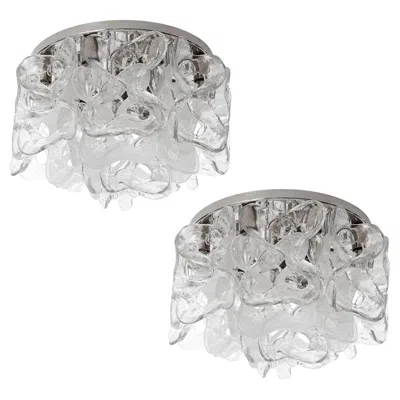 Pre-owned Venini Pair Of Mid-century Modern Kalmar Flush Mount Lights, Chrome Murano Glass, 1970s In Transparent