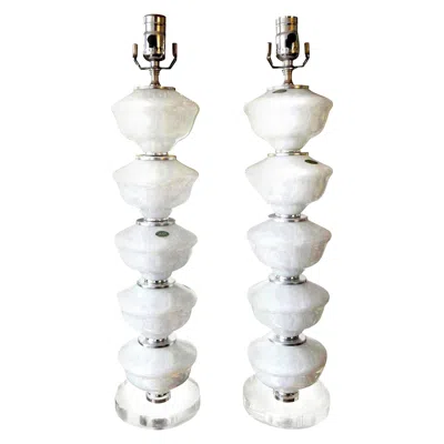 Pre-owned Venini Pair Of Midcentury White Murano Glass Lamps