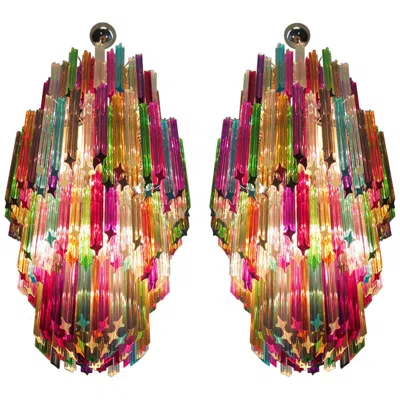 Pre-owned Venini Pair Of Monumental Multicolored Prism Chandeliers, Murano In Brown