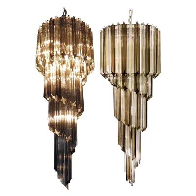 Pre-owned Venini Pair Of Murano Chandeliers 86 Trasparent And Smoked Quadriedri Prism, Murano In Brown