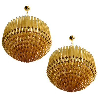 Pre-owned Venini Pair Of Quadriedri Murano Glass Chandelier, 265 Amber Prism, Gold Frame In Brown
