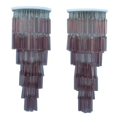 Pre-owned Venini Pair Of Round  Cascade Chandeliers Straws Violet Murano Glass Italian In Purple
