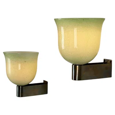 Pre-owned Venini Pair Of Tomaso Buzzi For  Murano Glass Sconces Green Gold, 1940s