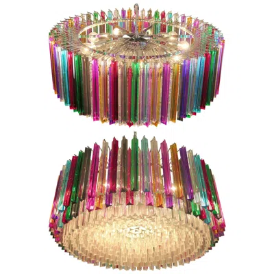 Pre-owned Venini Pair Of Triedri Italian Glass Multicolor Chandeliers,  Style, Murano, 1995 In Brown