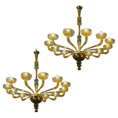 Pre-owned Venini Pair Of  1970s Amber And Emerald Chandelier, 12 Arms, Hand Blown Glass In Green