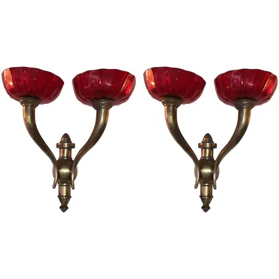 Pre-owned Venini Pair Of  Brass And Red Murano Glass Italian Sconses 1930