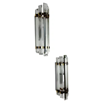 Pre-owned Venini Pair Of  Half-moon Wall Lights � Cut Crystal Glass & Brass, Italy 1970s In Clear