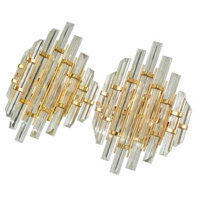 Pre-owned Venini Pair Of  Style Crystal & Brass Sconces Mid-century Modern Italy 1970 In Sand