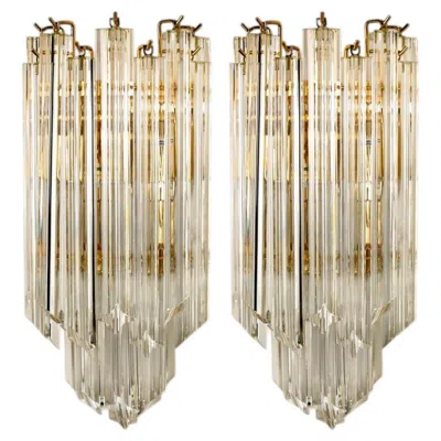 Pre-owned Venini Pair Of  Style Triedroglass Tree Tears Clear Gold Glass Brass Sconces In Beige