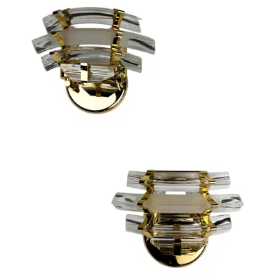 Pre-owned Venini Pair Of  Triedi Curved Cut Glass Sconces, Italy, Circa 1970s In Brown