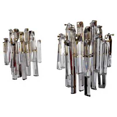 Pre-owned Venini Pair Of  Wall Lamps, 2 Levels, Murano Glass, Italy, 1970 In Transparent