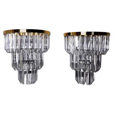 Pre-owned Venini Pair Of  Wall Lamps 3 Levels Triedri Crystals Italy, 1970 In Transparent