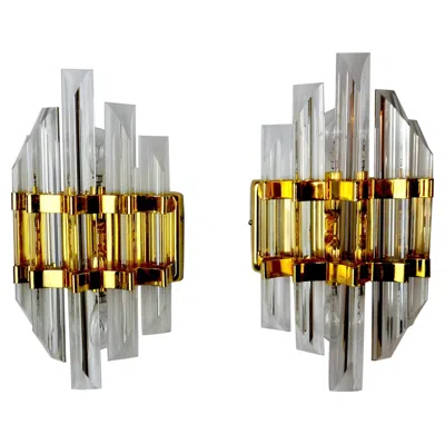 Pre-owned Venini Pair Of  Wall Lamps Cut Glass Murano Italy 1970 In Brown