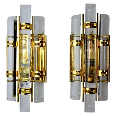 Pre-owned Venini Pair Of  Wall Lamps, Cut Glass, Murano, Italy, 1970 In Brown