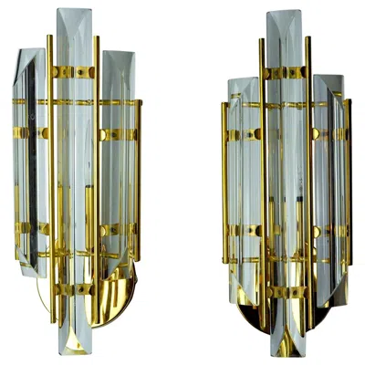 Pre-owned Venini Pair Of  Wall Lights, Triedri Glass, Murano, Italy 1990 In Transparent