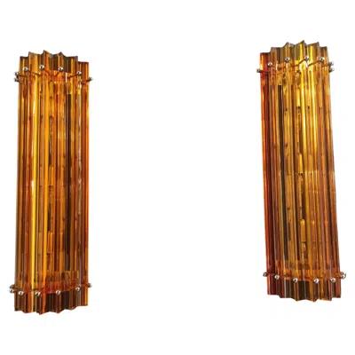 Pre-owned Venini Pair Of Vintage Murano Wall Sconce – Amber Triedri - Column Mariangela Model In Brown