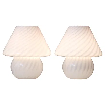 Pre-owned Venini Pair Of Vintage White Murano Swirl Mushroom Glass Table Lamps, Italy, 1970s