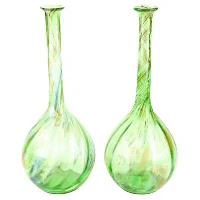 Pre-owned Venini Pair Tall Venetian Blown Glass Vases, Green Swirl, Gold Highlights, Vintage