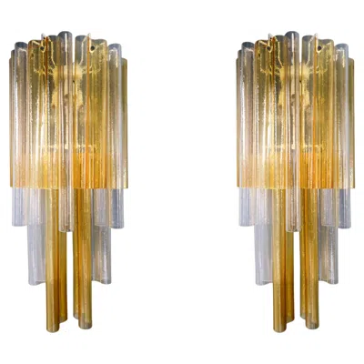 Pre-owned Venini Pair Xxl  Wall Chandeliers With Murano Amber And Ice Glass, Italy 1960 In Brown