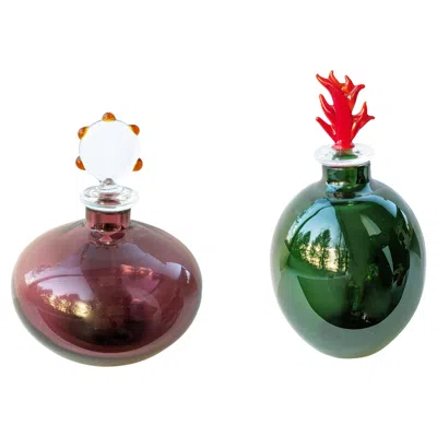 Pre-owned Venini Purple & Green Murano Glass Flasks By , 1980s