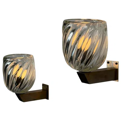 Pre-owned Venini Rare Carlo Scarpa For  "mezzo Diamante" Murano Glass Sconces, 1940s Pair In Clear
