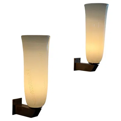 Pre-owned Venini Rare Pair Of Tomaso Buzzi "lattimo Incamiciato" Gold Leaf Sconces, , 1930s