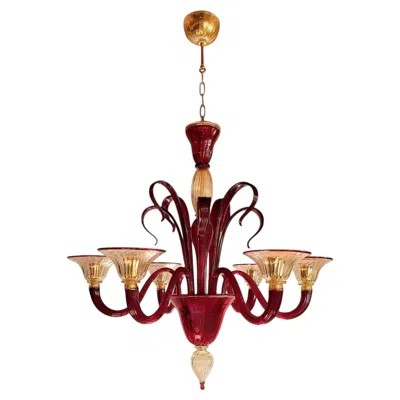 Pre-owned Venini Red And Gold Murano Glass Chandelier, Italy 1960s