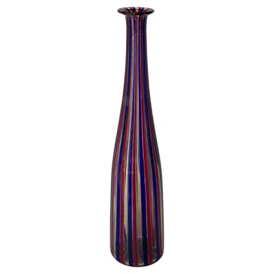 Pre-owned Venini Red, Blue And Clear Stripe "a Canne" Glass Bottle 1989 Limited Edition
