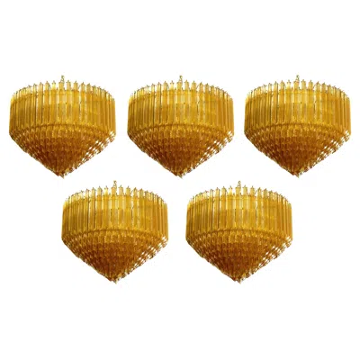 Pre-owned Venini Set Five Quadriedri Murano Glass Chandelier, 265 Amber Prism, Gold Frame In Brown