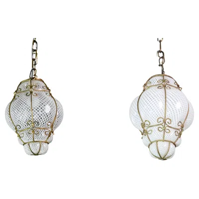 Pre-owned Venini Set Of 2 Amazing Venetian Lantern In Murano Reticello Glass, 1950s In Transparent