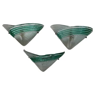 Pre-owned Venini Set Of 3 Mid Century Italian Murano Glass  Style Green And Clear Sconces