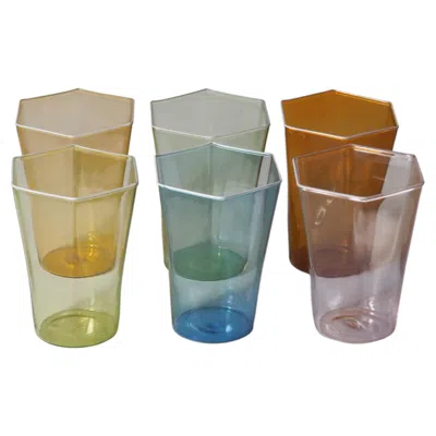 Pre-owned Venini Set Of Six Handcrafted Murano Glass Hexagonal Tumblers By Carlo Scarpa In Brown