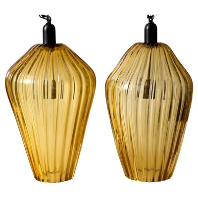 Pre-owned Venini Set Of Two Large Vintage Geometric Murano Blown Amber Ribbed Pendants, Ul In Brown