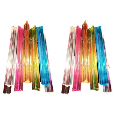 Pre-owned Venini Set Two Italian Wall Sconce, Multi-color Triedri  Style Murano, 1990s In Sand