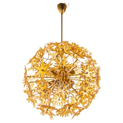 Pre-owned Venini Starburst 22“ Amber Murano Chandelier Iridescent Glass & Brass, Sische 1960s In Brown