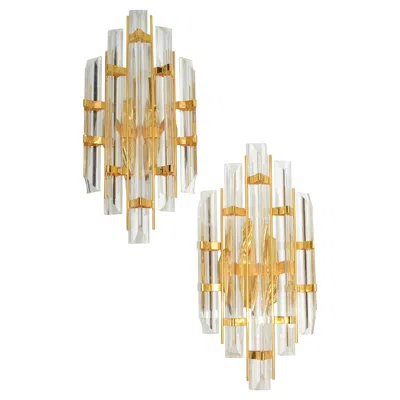 Pre-owned Venini Style Crystal & Brass Sconces Mid-century Modern, Italy, 1970, Pair In Sand